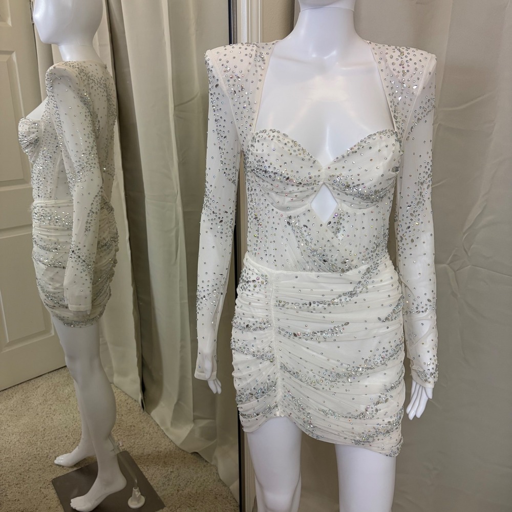White Rhinestone Mesh Mini Dress Long Sleeve Ruched Party Large